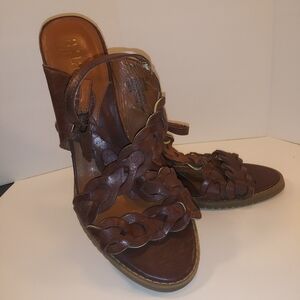 Brown Leather Strappy Wedges Size 9 Vintage Boho